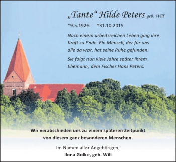 Traueranzeige von Tante Hilde Peters von Ostsee-Zeitung