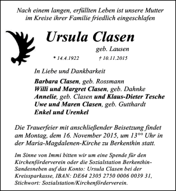Traueranzeige von Ursula Clasen von Lübecker Nachrichten