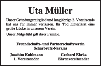 Traueranzeige von Uta Müller von Lübecker Nachrichten