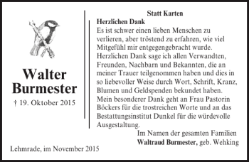 Traueranzeige von Walter Burmester von Lübecker Nachrichten