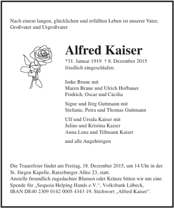 Traueranzeige von Alfred Kaiser von Lübecker Nachrichten