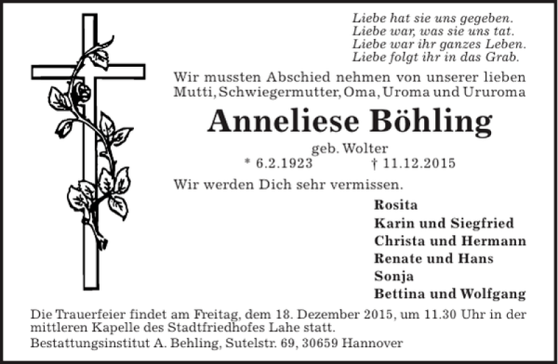  Traueranzeige für Anneliese Böhling vom 16.12.2015 aus HAZ/NP