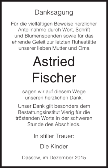 Traueranzeige von Astried Fischer von Ostsee-Zeitung