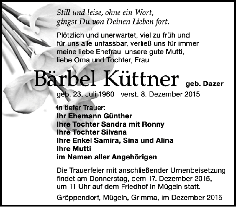 Traueranzeige für Bärbel Küttner vom 12.12.2015 aus Leipziger Volkszeitung