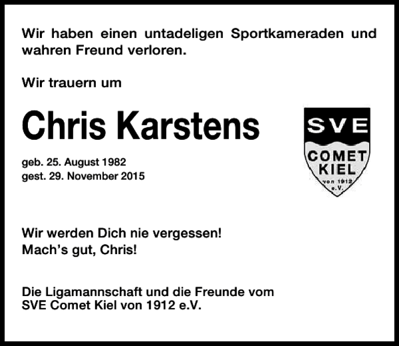  Traueranzeige für Chris Karstens vom 05.12.2015 aus Kieler Nachrichten / Segeberger Zeitung