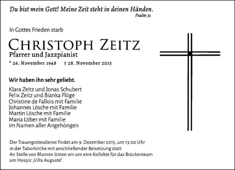  Traueranzeige für Christoph Zeitz vom 05.12.2015 aus Leipziger Volkszeitung