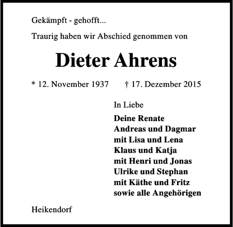 Traueranzeigen von Dieter Ahrens | trauer-anzeigen.de