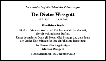 Traueranzeige von Dr. Dieter Wissgott von Schaumburger Nachrichten