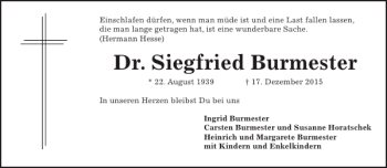 Traueranzeige von Dr. Siegfried Burmester von HAZ/NP