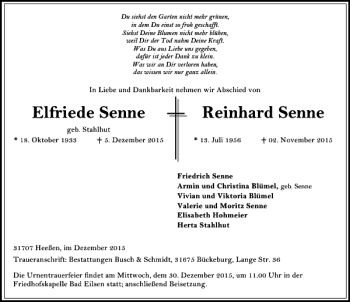 Traueranzeige von Elfriede Und Reinhard Senne von Schaumburger Nachrichten