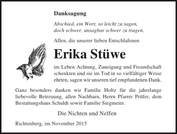 Traueranzeige von Erika Stüwe von Ostsee-Zeitung