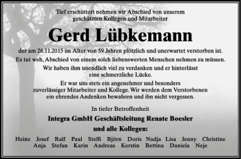 Traueranzeige von Gerd Lübkemann von Schaumburger Nachrichten