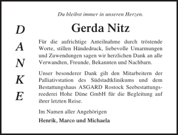 Traueranzeige von Gerda Nitz von Ostsee-Zeitung