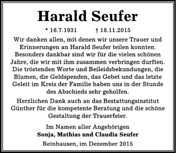 Traueranzeige von Harald Seufer von Göttinger Tageblatt