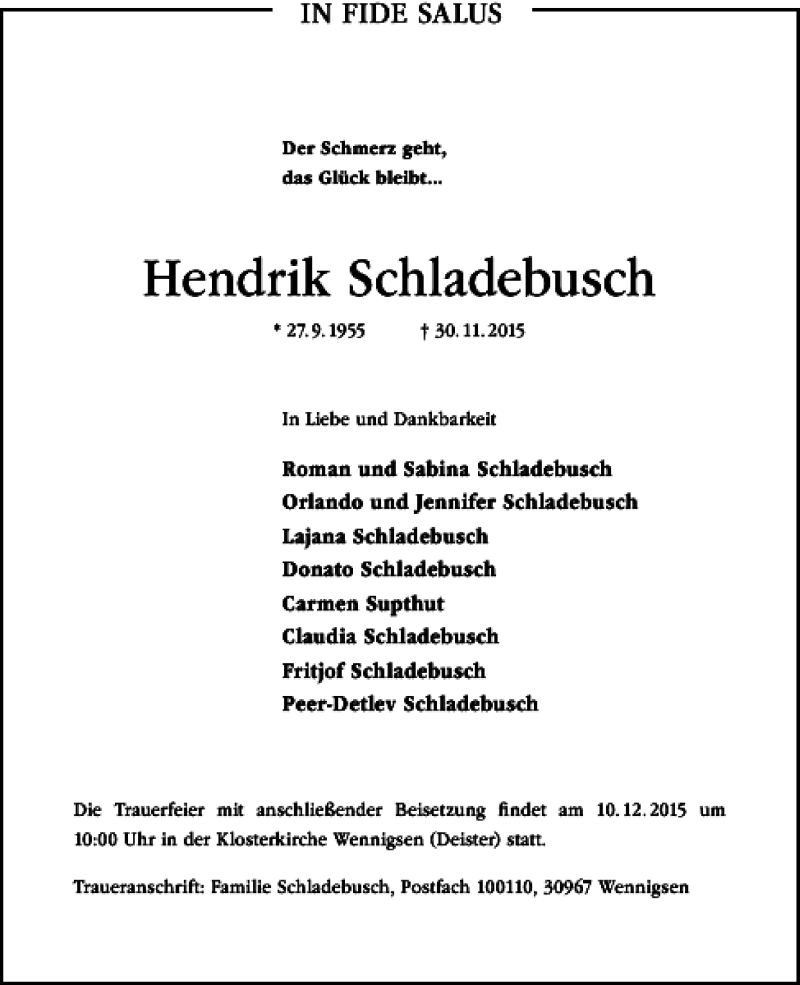  Traueranzeige für Hendrik Schladebusch vom 05.12.2015 aus HAZ/NP
