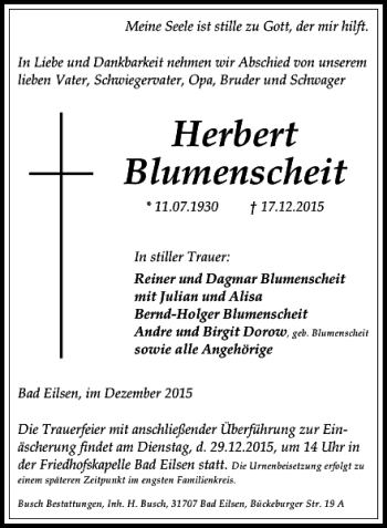Traueranzeige von Herbert Blumenscheit von Schaumburger Nachrichten