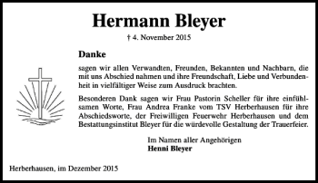 Traueranzeige von Hermann Bleyer von Göttinger Tageblatt