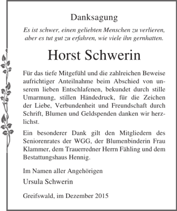 Traueranzeige von Horst Schwerin von Ostsee-Zeitung