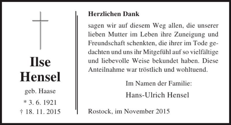  Traueranzeige für Ilse Hensel vom 05.12.2015 aus Ostsee-Zeitung
