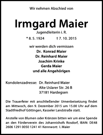 Traueranzeige von Irmgard Maier von Göttinger Tageblatt