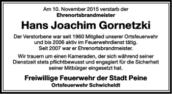Traueranzeige von Joachim Gornetzki von Peiner Allgemeine Zeitung