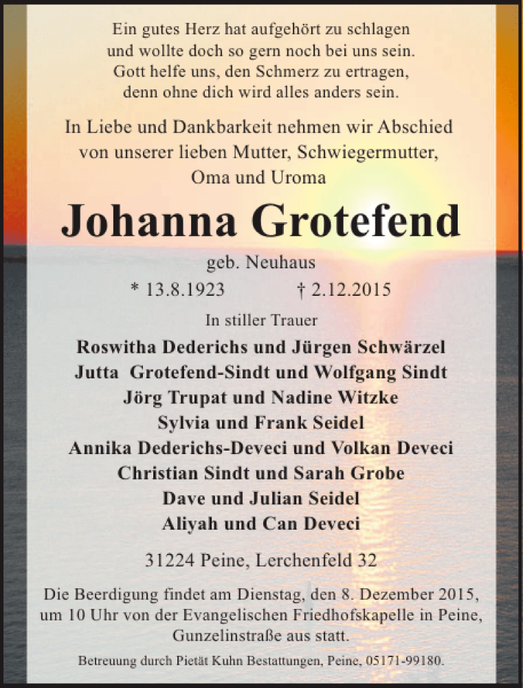  Traueranzeige für Johanna Grotefend vom 05.12.2015 aus Peiner Allgemeine Zeitung