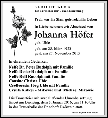 Traueranzeige von Johanna Höfer von Leipziger Volkszeitung