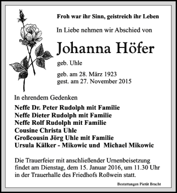 Traueranzeige von Johanna Höfer von Leipziger Volkszeitung