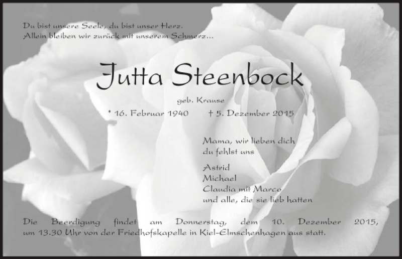  Traueranzeige für Jutta Steenbock vom 09.12.2015 aus Kieler Nachrichten / Segeberger Zeitung