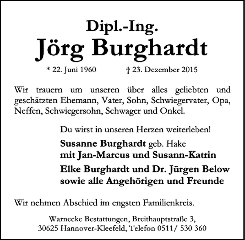  Traueranzeige für Jörg Burghardt vom 30.12.2015 aus HAZ/NP