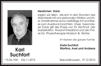 Traueranzeige von Karl Suchfort von Göttinger Tageblatt