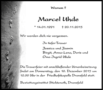 Traueranzeige von Marcel Uhde von Göttinger Tageblatt