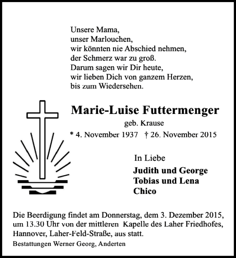  Traueranzeige für Marie-Luise Futtermenger vom 02.12.2015 aus HAZ/NP