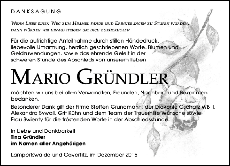  Traueranzeige für Mario Gründler vom 24.12.2015 aus Leipziger Volkszeitung