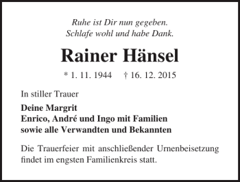 Traueranzeige von Rainer Hänsel von Ostsee-Zeitung
