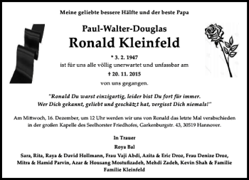 Traueranzeige von Ronald Kleinfeld von HAZ/NP