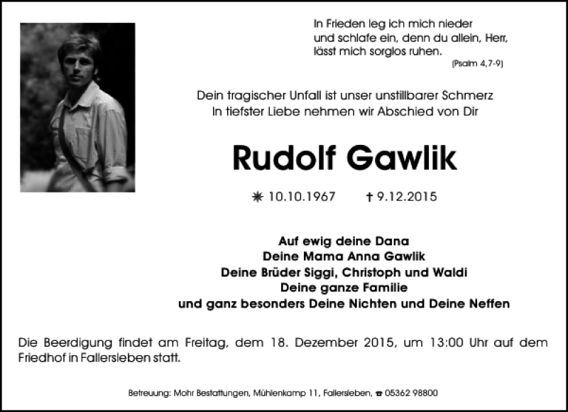  Traueranzeige für Rudolf Gawlik vom 15.12.2015 aus Aller Zeitung / Wolfsburger Allgemeine