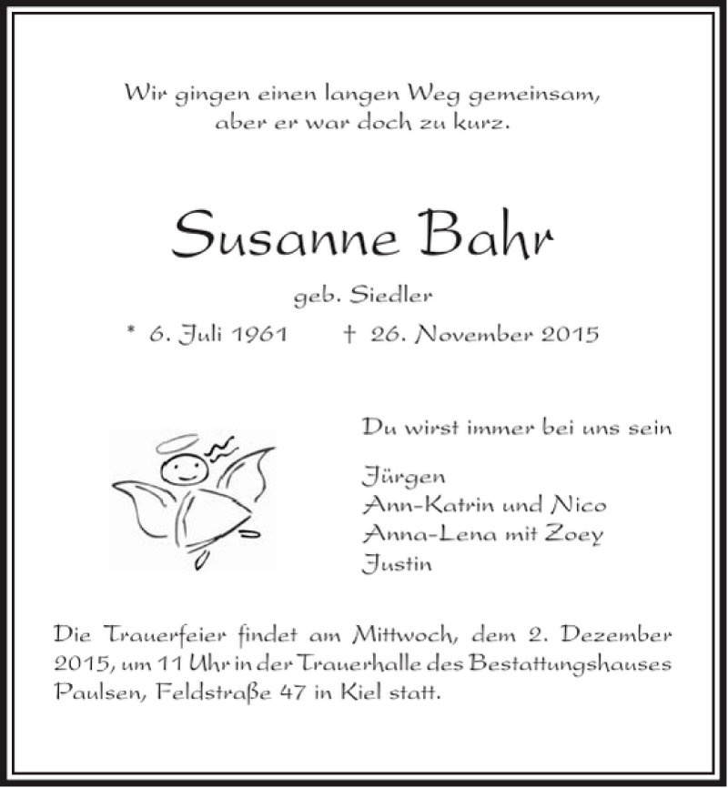  Traueranzeige für Susanne Bahr vom 01.12.2015 aus Kieler Nachrichten / Segeberger Zeitung