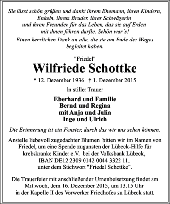 Traueranzeige von Wilfriede Schottke von Lübecker Nachrichten