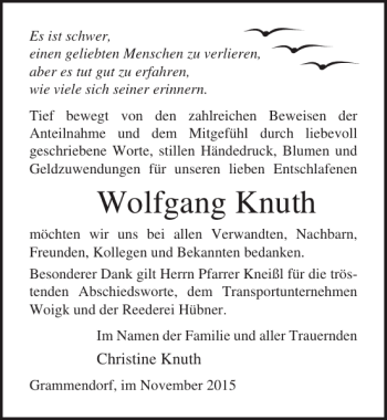 Traueranzeige von Wolfgang Knuth von Ostsee-Zeitung