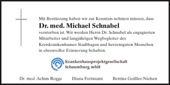 Traueranzeige von Dr. med. Michael Schnabel von Schaumburger Nachrichten