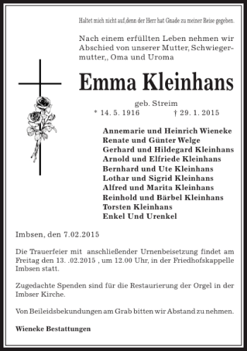 Traueranzeige von Emma Kleinhans von Göttinger Tageblatt