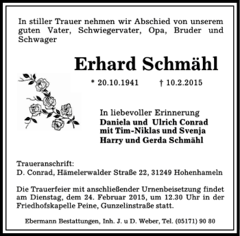 Traueranzeige von Erhard Schmähl von Peiner Allgemeine Zeitung