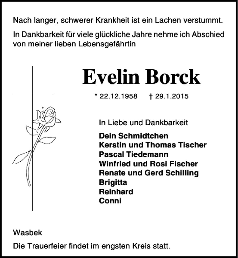  Traueranzeige für Evelin Borck vom 03.02.2015 aus Kieler Nachrichten / Segeberger Zeitung