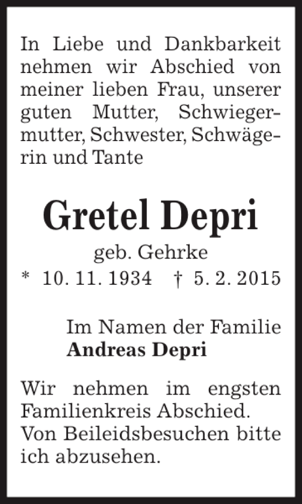  Traueranzeige für Gretel Depri vom 07.02.2015 aus Kieler Nachrichten / Segeberger Zeitung