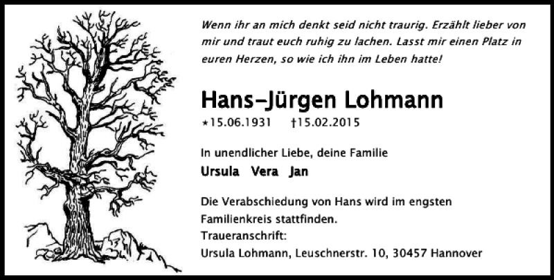  Traueranzeige für Hans-Jürgen Lohmann vom 21.02.2015 aus HAZ/NP