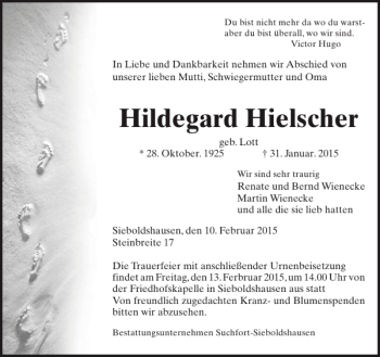Traueranzeige von Hildegard Hielscher von Göttinger Tageblatt