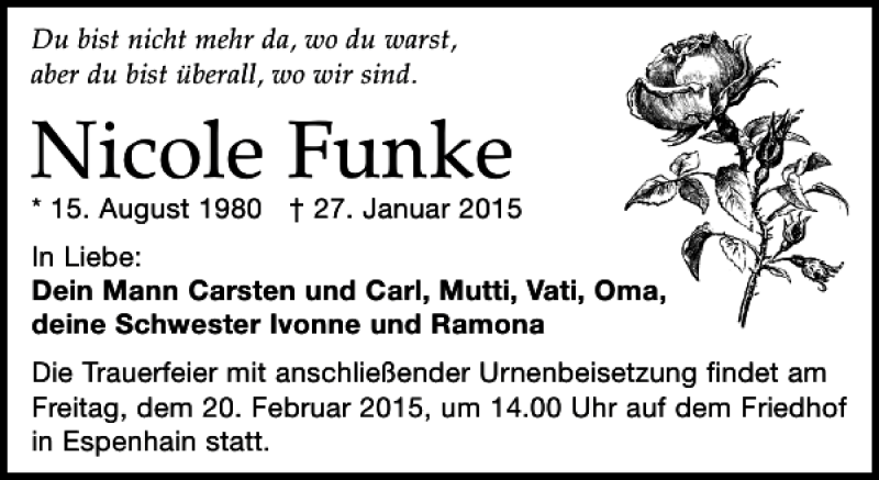  Traueranzeige für Nicole Funke vom 14.02.2015 aus Leipziger Volkszeitung