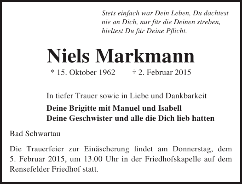 Traueranzeige für Niels Markmann vom 04.02.2015 aus Lübecker Nachrichten