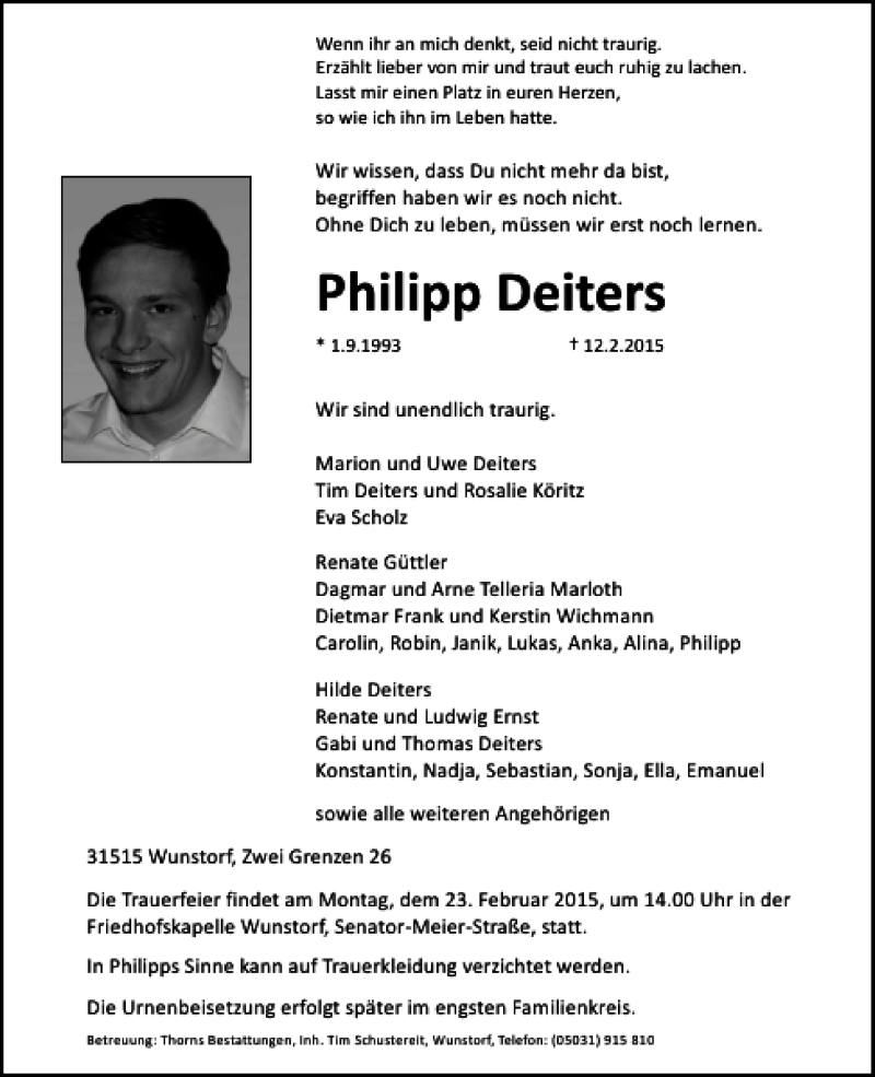  Traueranzeige für Philipp Deiters vom 21.02.2015 aus HAZ/NP
